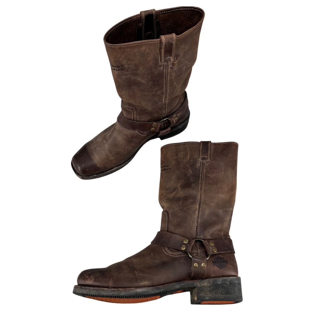 Harley-Davidson Hustin Boots Brown Leather Harness Biker Slip On Men's Size 12